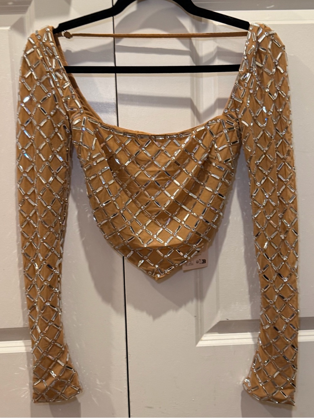 Oh Polly Thora Embellished Asymmetric Crop Top in Almond Sz XS 0